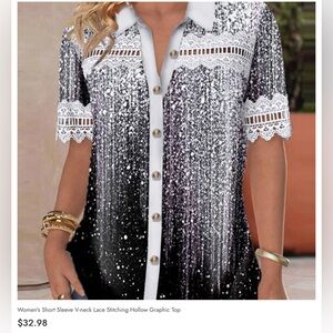 Women's Short Sleeve V-neck Lace Stitching Hollow Graphic Top